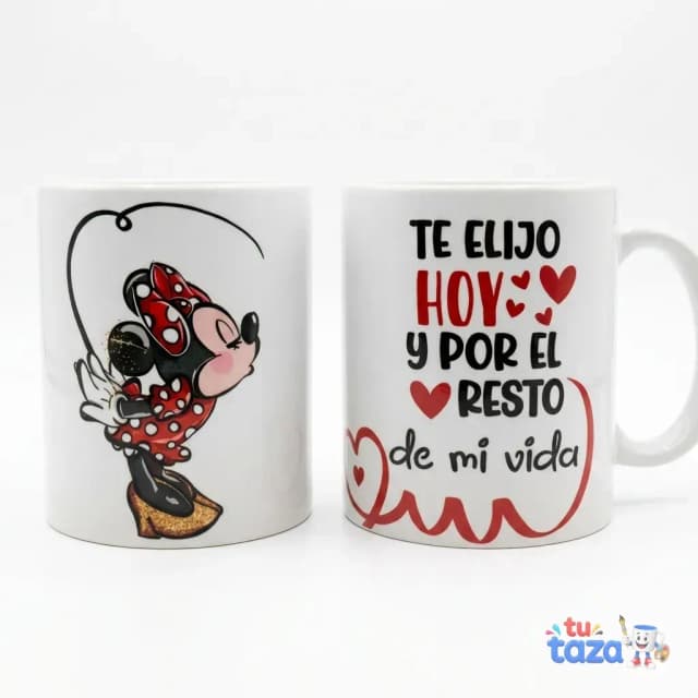 Taza personalizada con Minnie Mouse y frase «Te elijo hoy y por el resto de mi vida», diseño de dos tazas para regalo de pareja