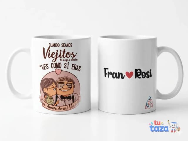 Taza personalizada con ilustración de pareja de viejitos estilo Up y nombres Fran y Rosi, regalo romántico de aniversario
