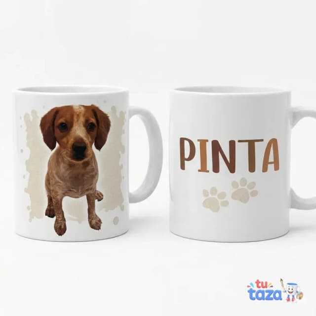 Taza personalizada con foto de perro salchicha marrón y nombre Pinta con huellas de pata, regalo para amantes de perros