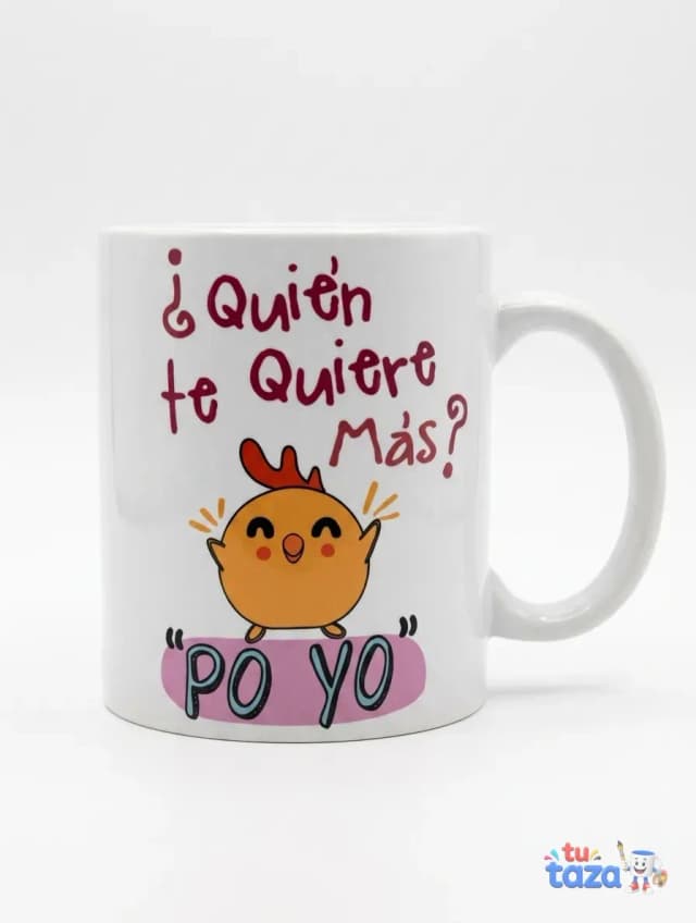 Taza personalizada con pollito kawaii y frase ¿Quién te quiere más? Po Yo, ideal para regalo gracioso de amistad
