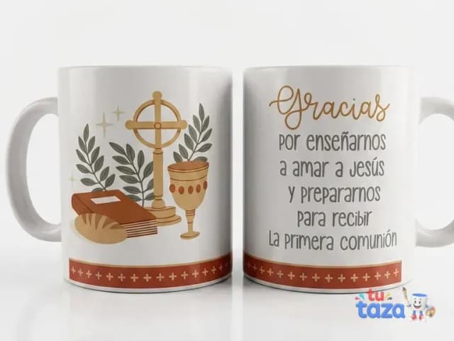 Taza personalizada de primera comunión con cáliz, cruz y olivos, texto de agradecimiento para catequistas y profesores religiosos