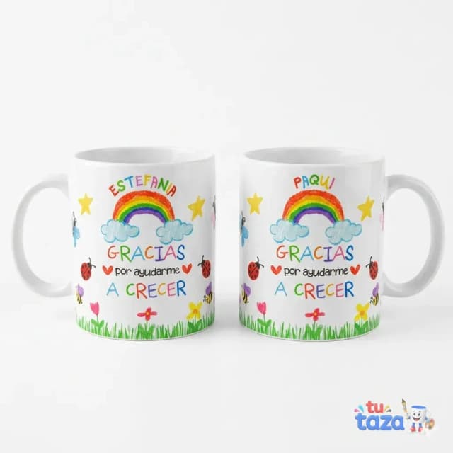 Taza personalizada para profesora con texto Gracias por ayudarme a crecer, arcoíris y estrellas, nombres Estefanía y Paqui