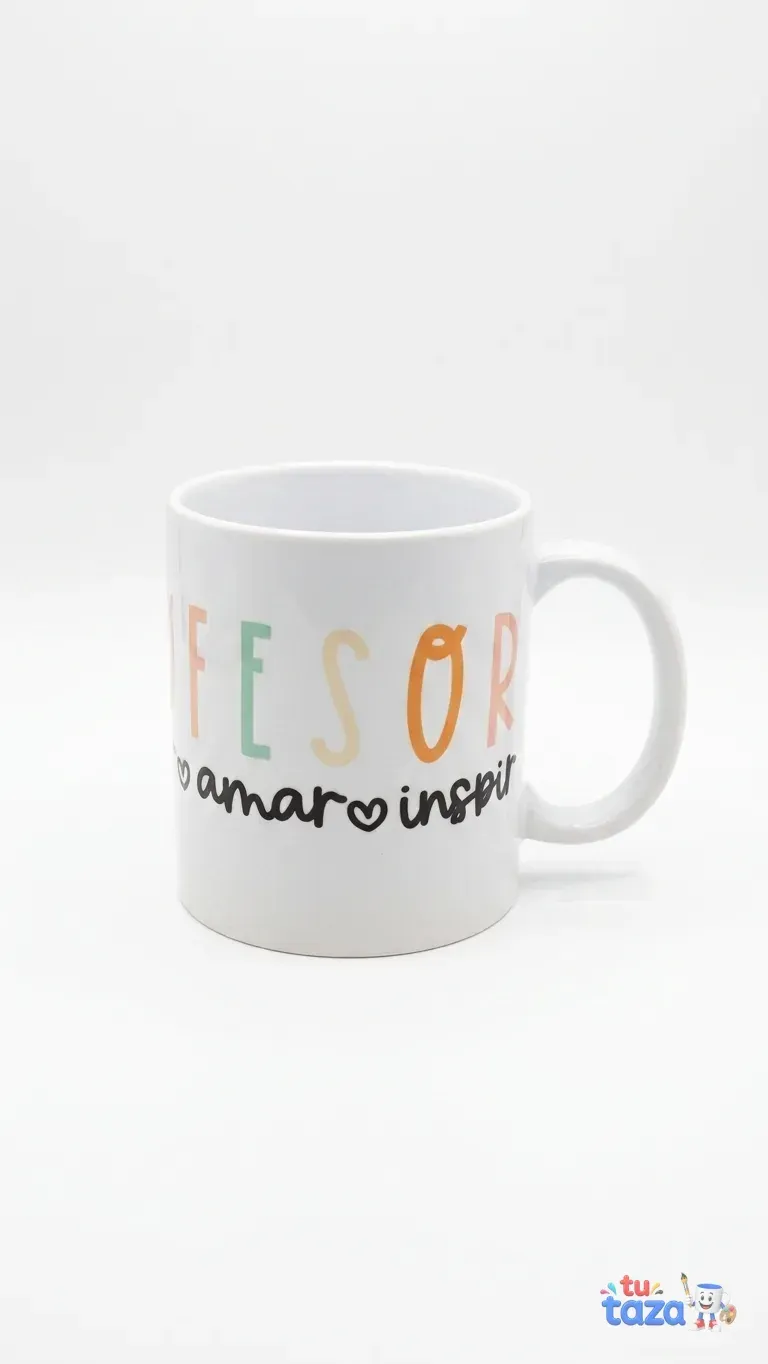 Taza personalizada con texto «Profesor… amar e inspirar», diseño colorido con lettering, regalo original para docente
