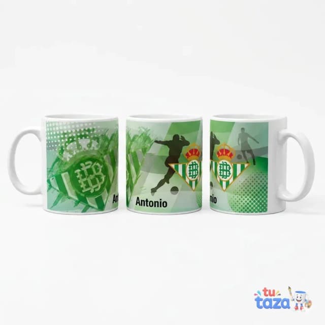 Taza personalizada con escudo y colores del Real Betis Balompié y nombre «Antonio», regalo para fan del fútbol bético