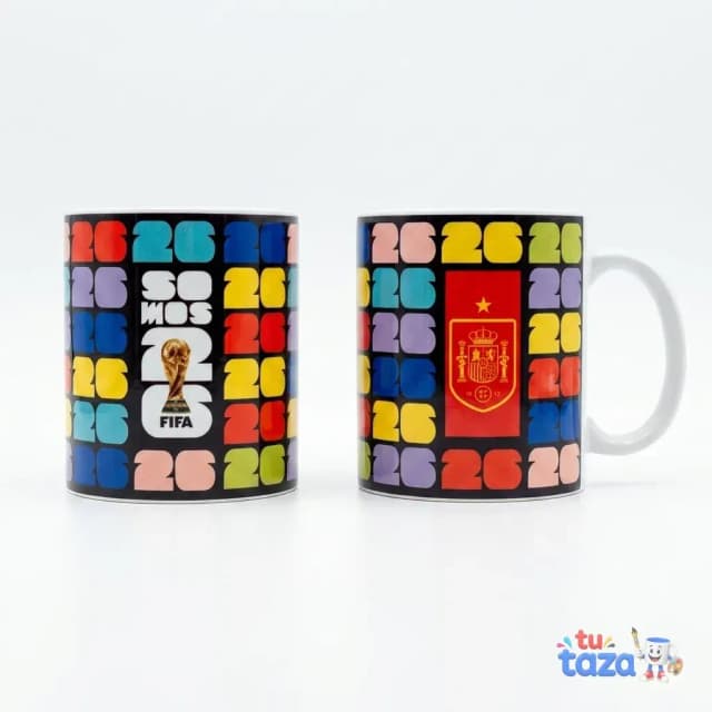 Taza personalizada Selección Española de Fútbol FIFA World Cup 2026 con escudo oficial y diseño multicolor Somos 26