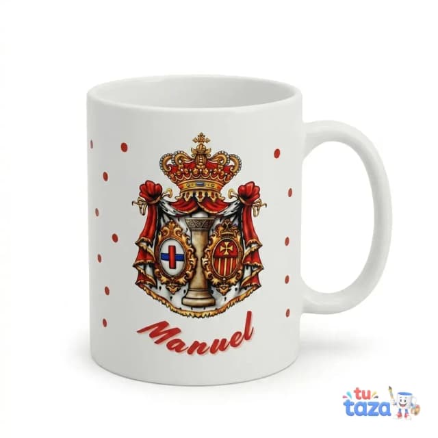 Taza personalizada con escudo del Sevilla FC coronado y nombre «Manuel» en rojo, regalo para aficionado al fútbol sevillista