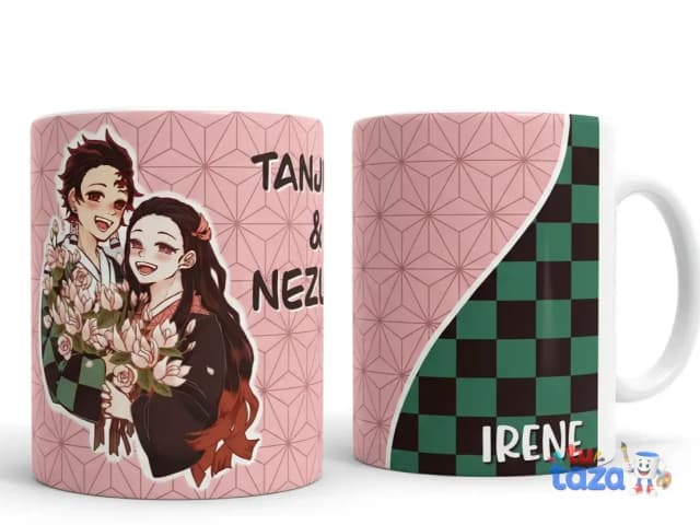 Taza personalizada con personajes anime Tanjiro y Nezuko de Demon Slayer y nombre Irene, regalo friki