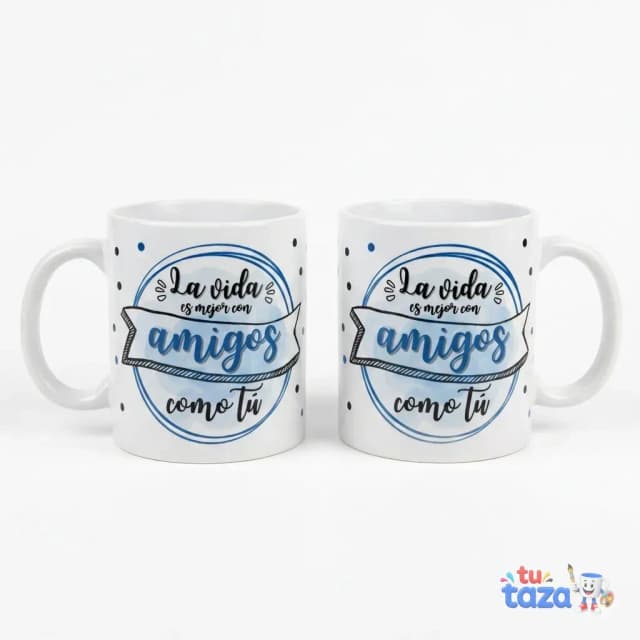 Taza personalizada con frase La vida es mejor con amigos como tú, diseño circular azul y puntos, regalo para amigo