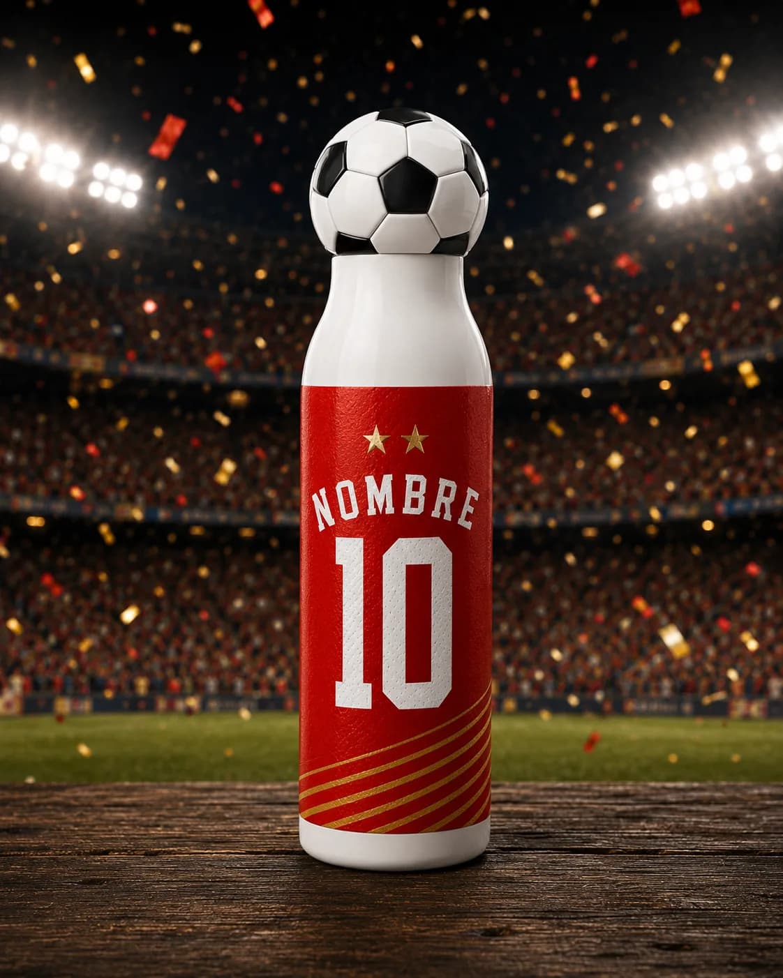 Termo Selección España con tapa de balón · Nombre y Dorsal — diseño con los colores de España