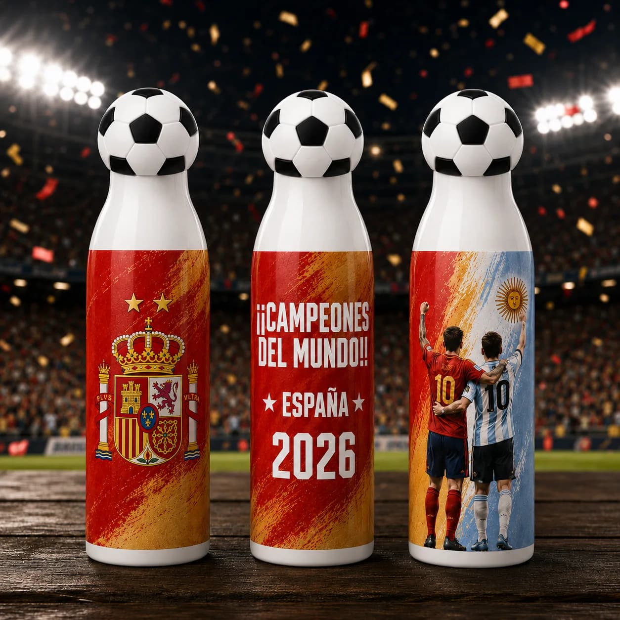 Termo Selección España con tapa de balón · ¡¡Campeones del Mundo!! — diseño con los colores de España