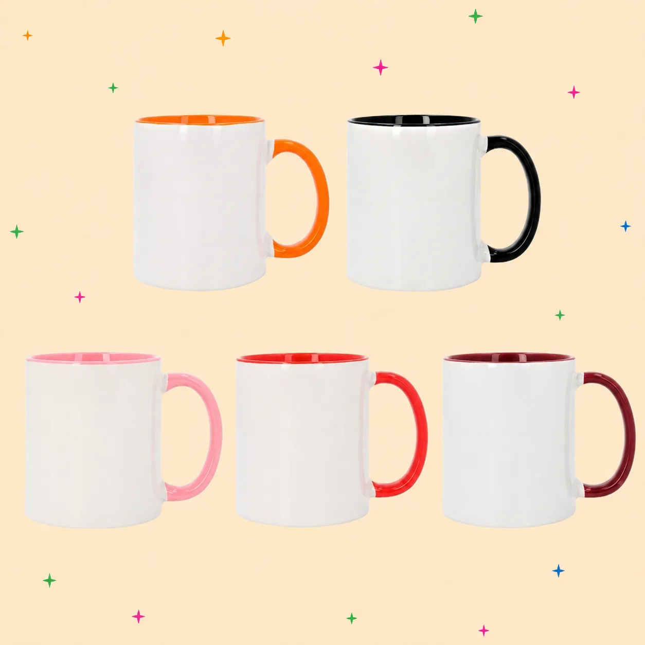 Tazas bicolor con interior y asa en naranja, negro, rosa, rojo y granate