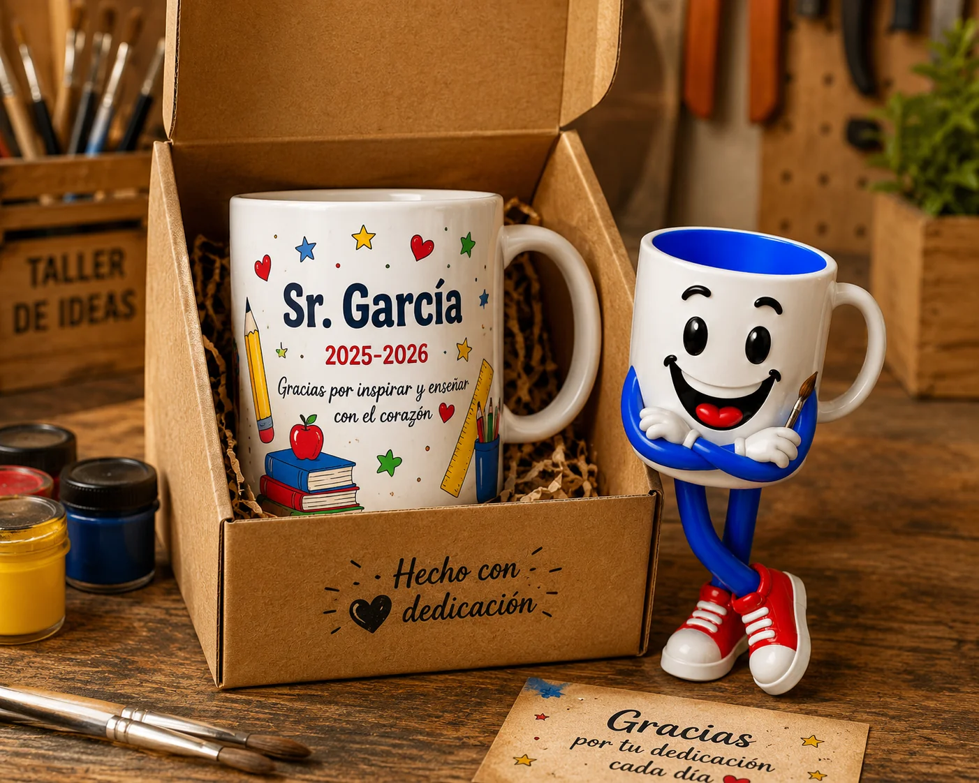 Pack regalo profesora: taza + postal escrita a mano + caja kraft (lo montamos nosotros)