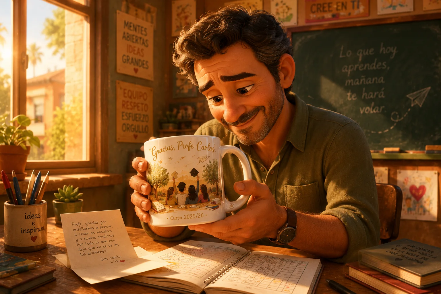 Profe Carlos emocionado leyendo la nota de un alumno junto a su taza personalizada