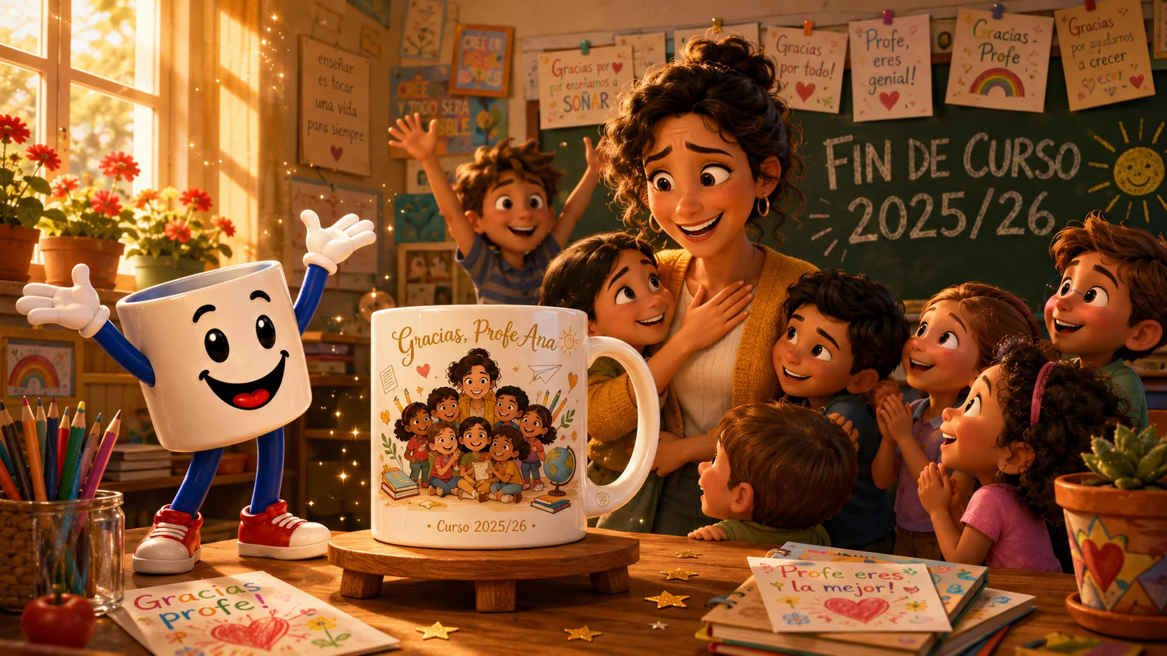 Profe Laura emocionada con una taza personalizada de fin de curso y la clase al fondo