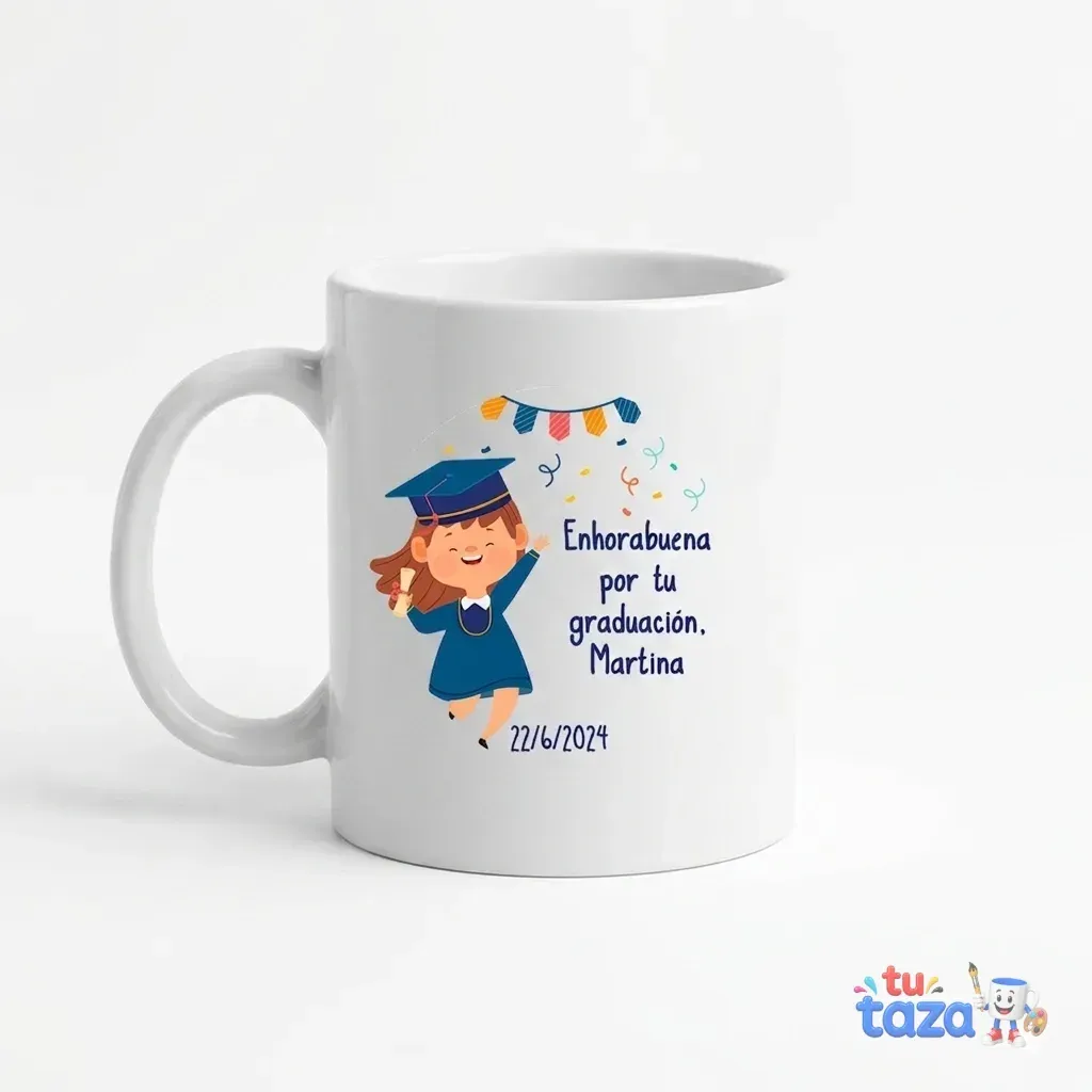 Taza personalizada de graduación: foto con birrete, fecha y nombre del grado en 48-72 h