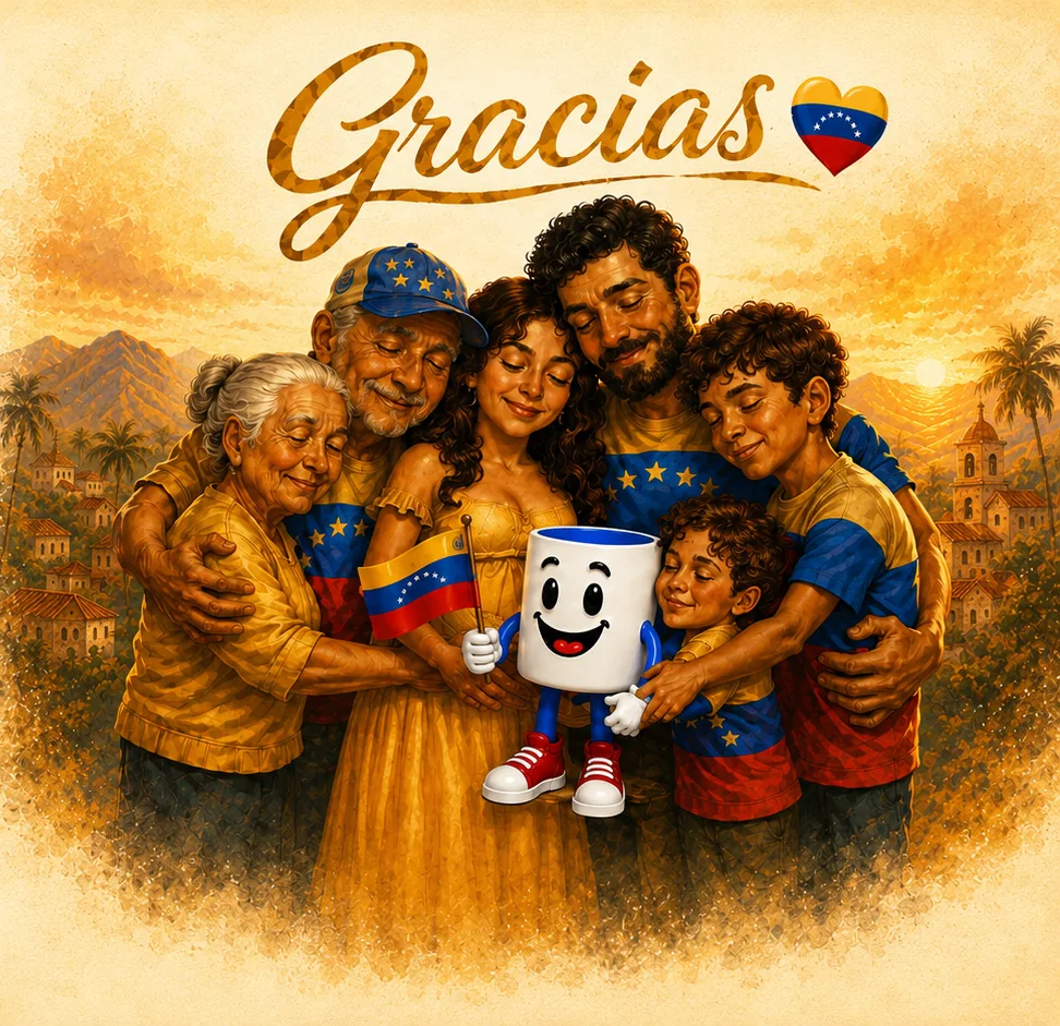 Ilustración de la familia venezolana abrazada junto a Tazín, con el mensaje Gracias