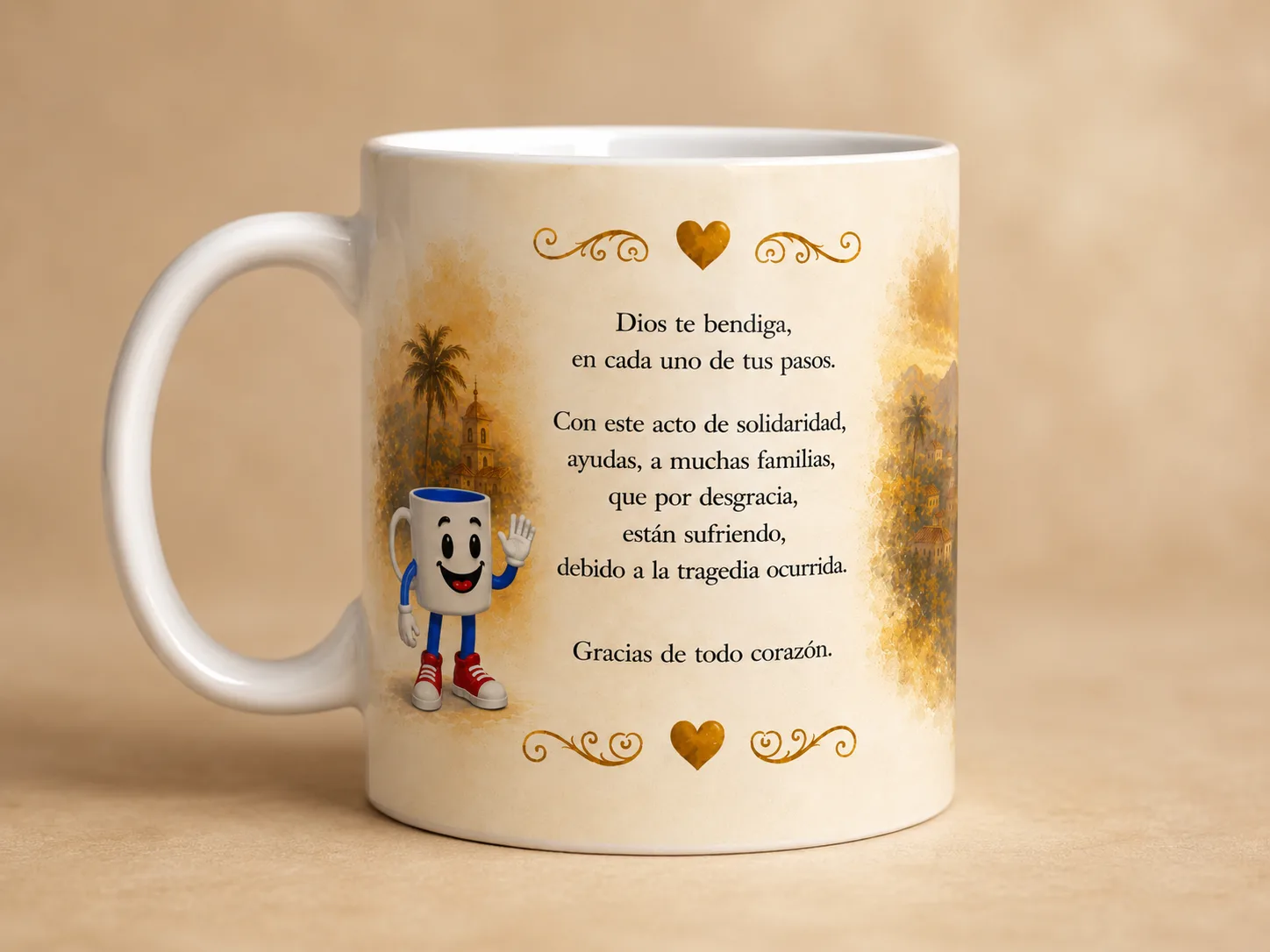 Taza Gracias por Venezuela, vista trasera, con la carta de agradecimiento y Tazín saludando