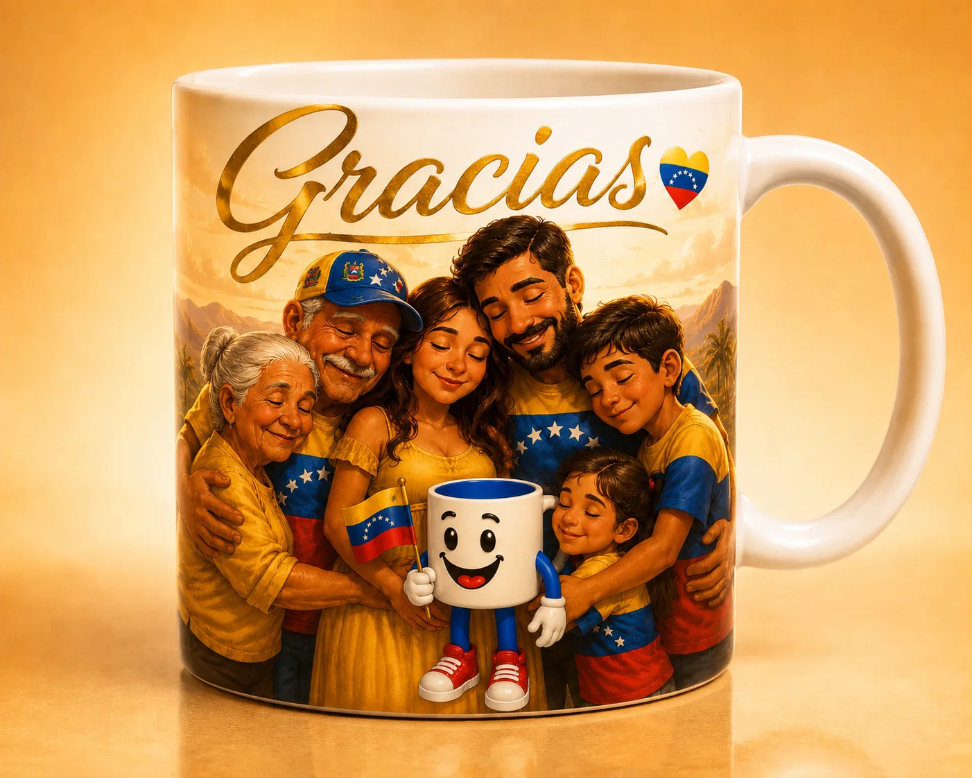 Taza Gracias por Venezuela, vista frontal, con familia venezolana abrazada y Tazín sosteniendo la bandera