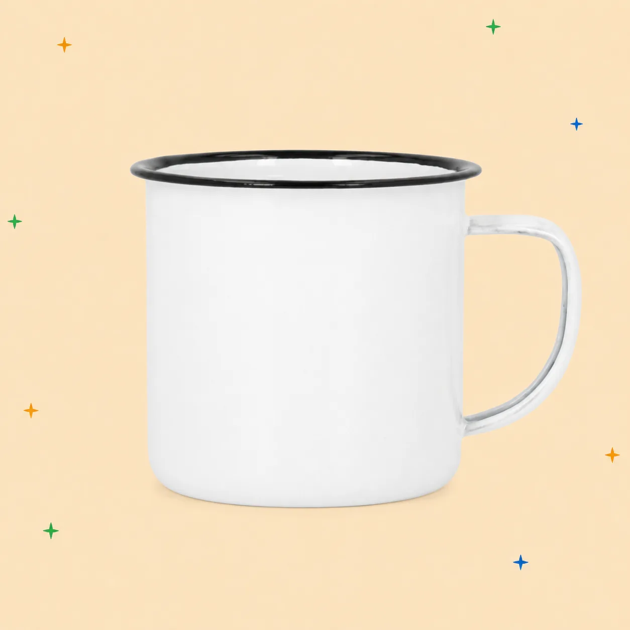 Taza enamel de metal en blanco, con borde negro clásico