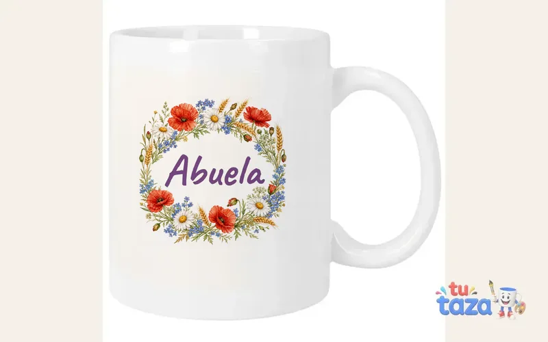 Taza personalizada con el nombre Abuela, flores silvestres acuarela