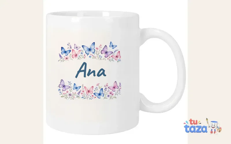 Taza personalizada con el nombre Ana, mariposas acuarela
