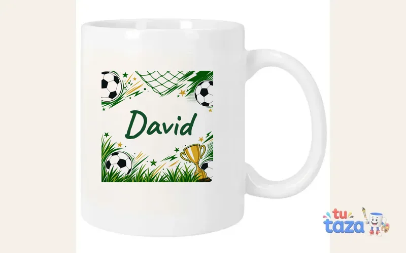 Taza personalizada con el nombre David, balones de fútbol y trofeos