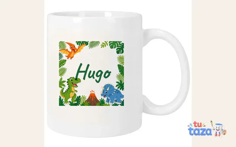 Taza infantil personalizada con el nombre Hugo, dinosaurios de colores