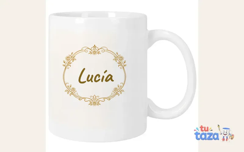 Taza personalizada con el nombre Lucía, marco elegante dorado con flores