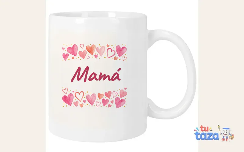 Taza personalizada con el nombre Mamá, corazones acuarela rosa
