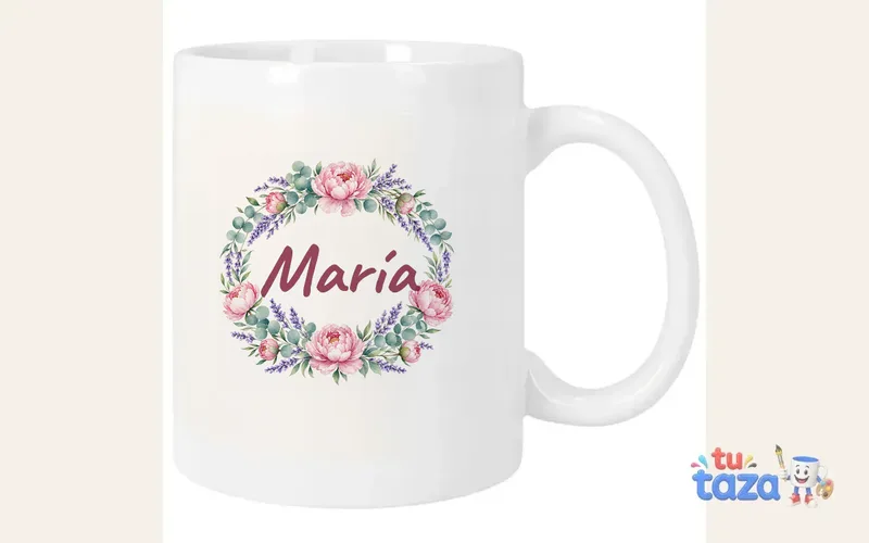 Taza personalizada con el nombre María, corona de flores acuarela