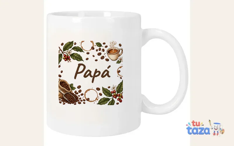 Taza personalizada con el nombre Papá, granos de café y taza humeante