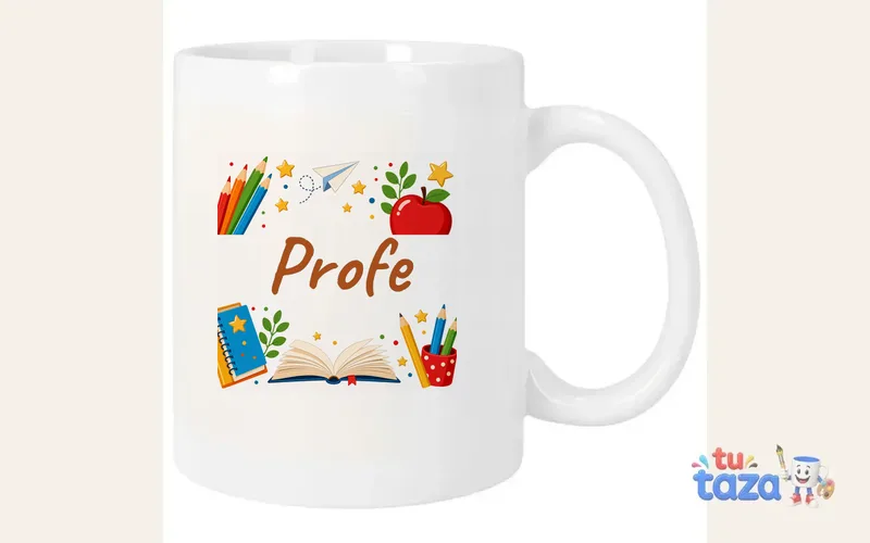 Taza personalizada con el nombre Profe, lápices de colores y manzana